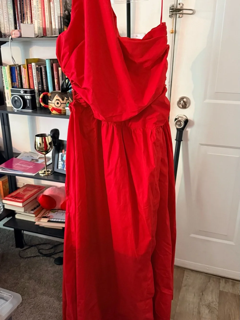 One-Shoulder Red Maxi Dress with Side Slit